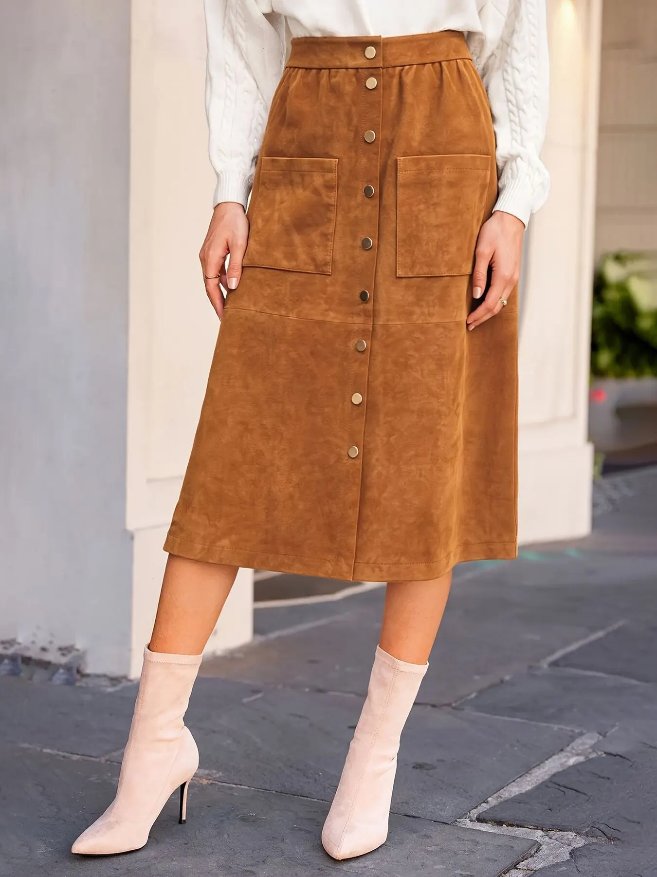 Button-Front Midi Skirt