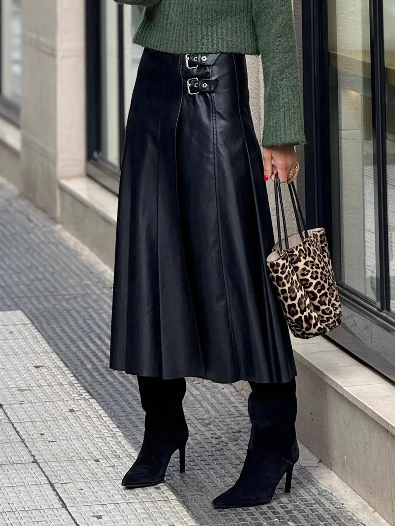 Buckle Detail Faux Leather Midi Skirt